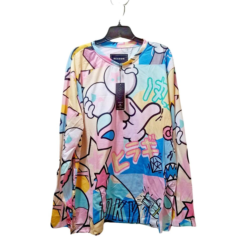 Reason T-Shirt Men’s 2X Pastel Cartoon Allover Print Long Sleeve Stretch